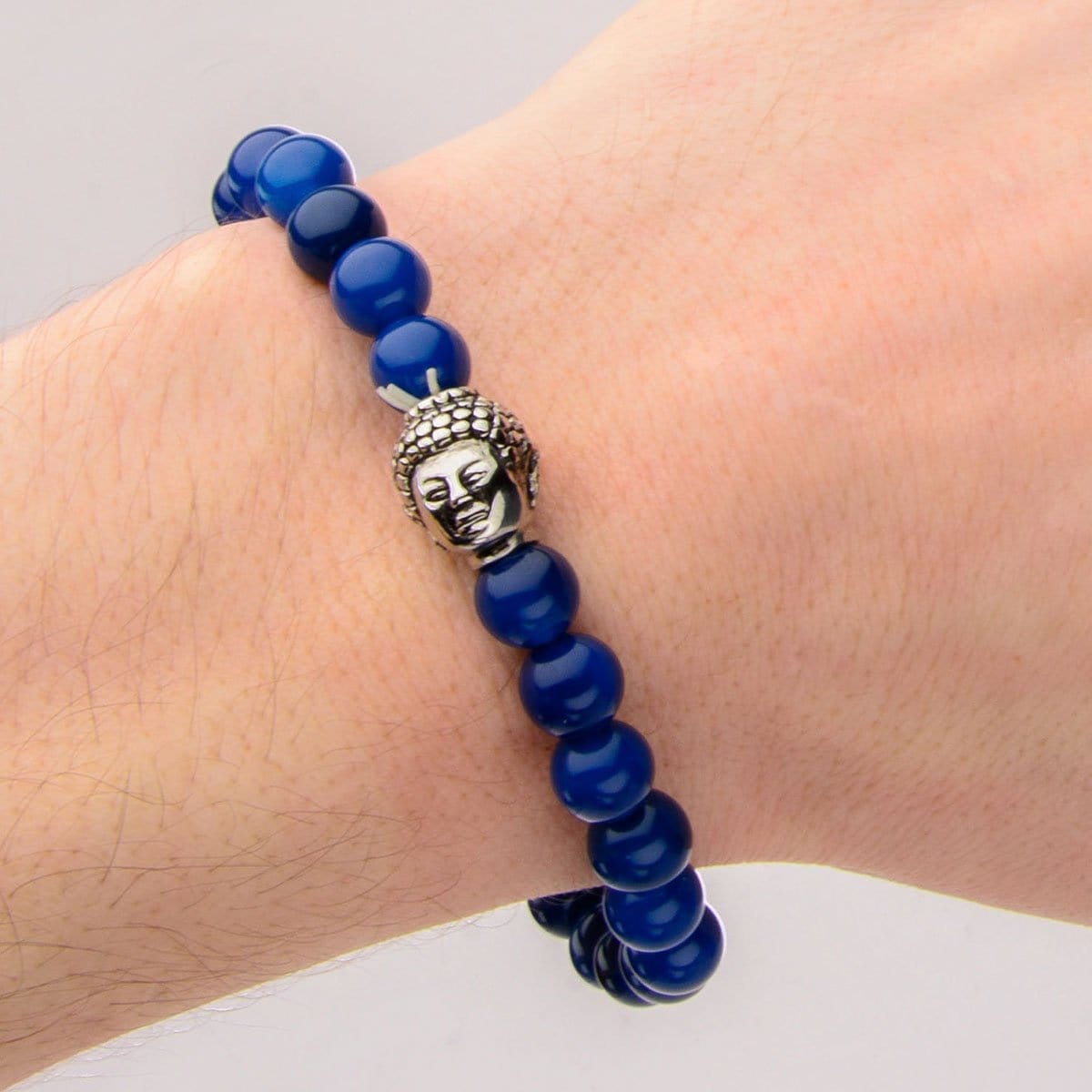 INOX JEWELRY Bracelets Silver Tone Stainless Steel Buddha on Blue Lapis Bead Stretch Bracelet BR5150