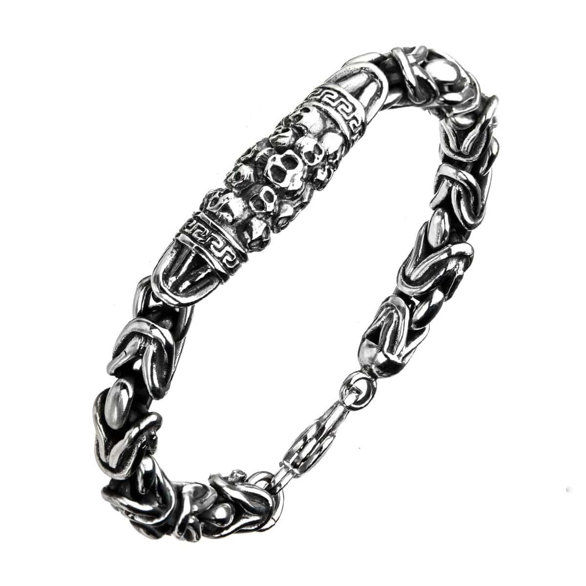 INOX JEWELRY Bracelets Silver Tone Stainless Steel Byzantine Chain Mountain of Skulls Bracelet BR4254