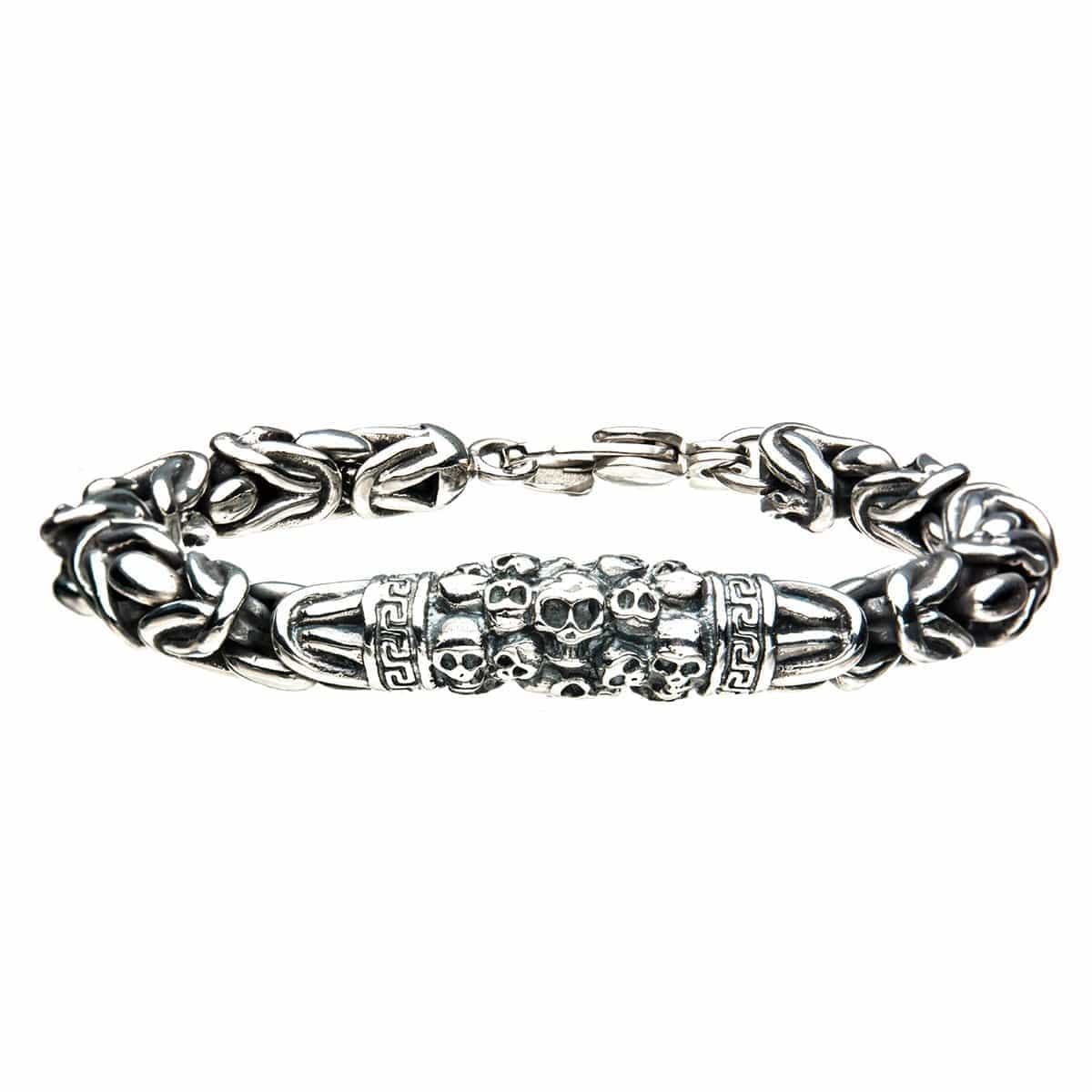 INOX JEWELRY Bracelets Silver Tone Stainless Steel Byzantine Chain Mountain of Skulls Bracelet BR4254
