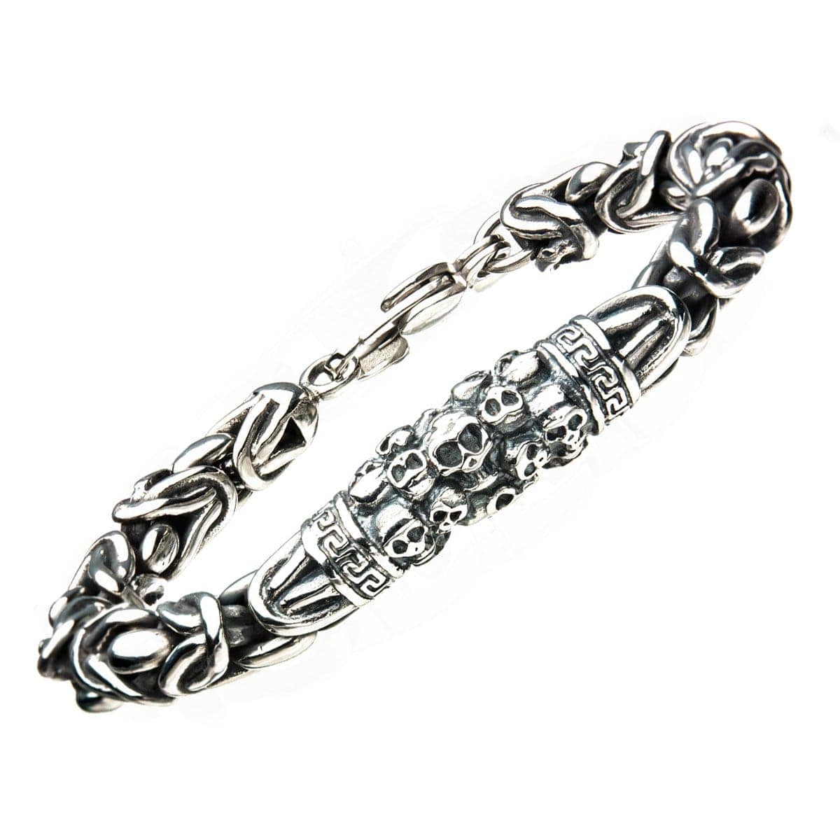INOX JEWELRY Bracelets Silver Tone Stainless Steel Byzantine Chain Mountain of Skulls Bracelet BR4254