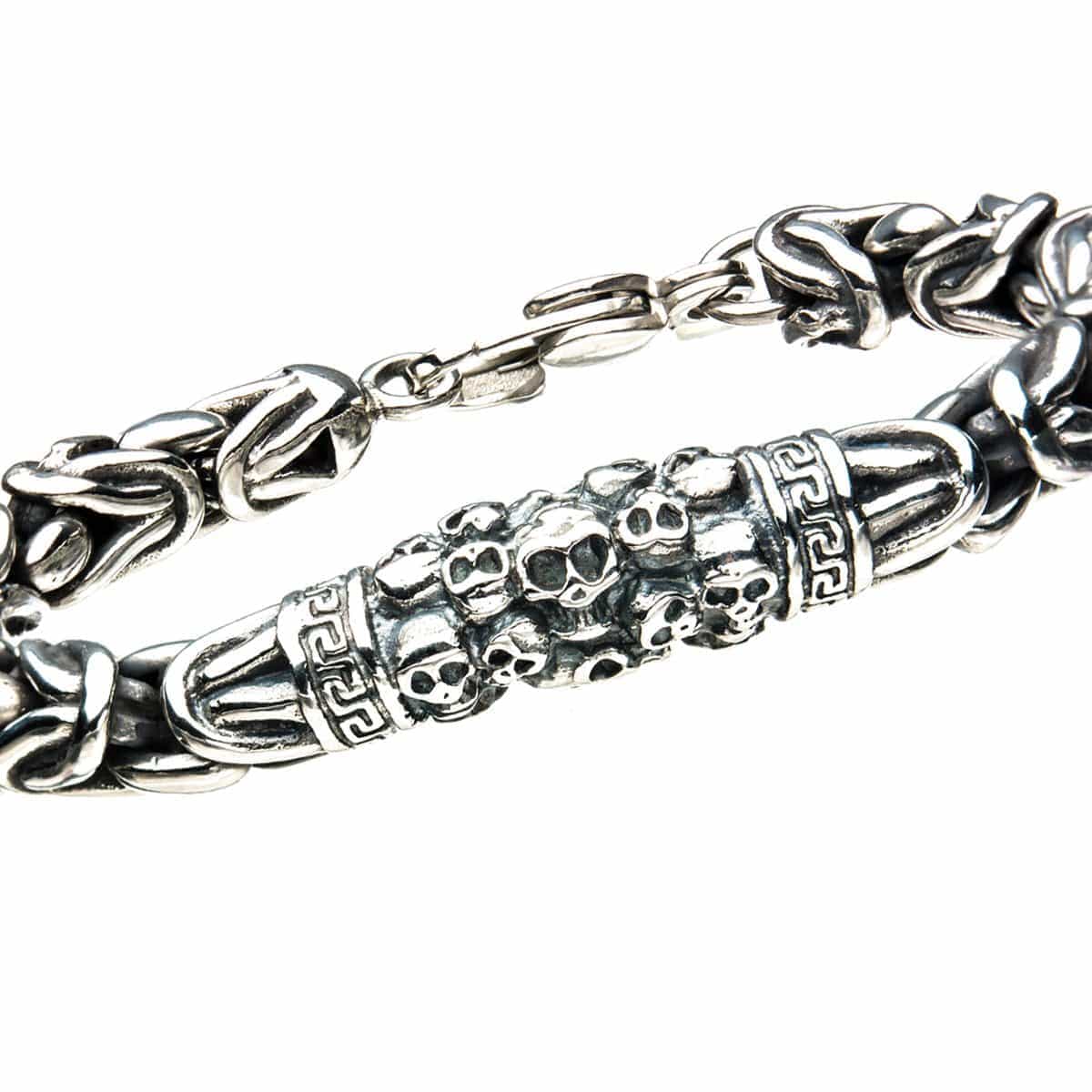 INOX JEWELRY Bracelets Silver Tone Stainless Steel Byzantine Chain Mountain of Skulls Bracelet BR4254