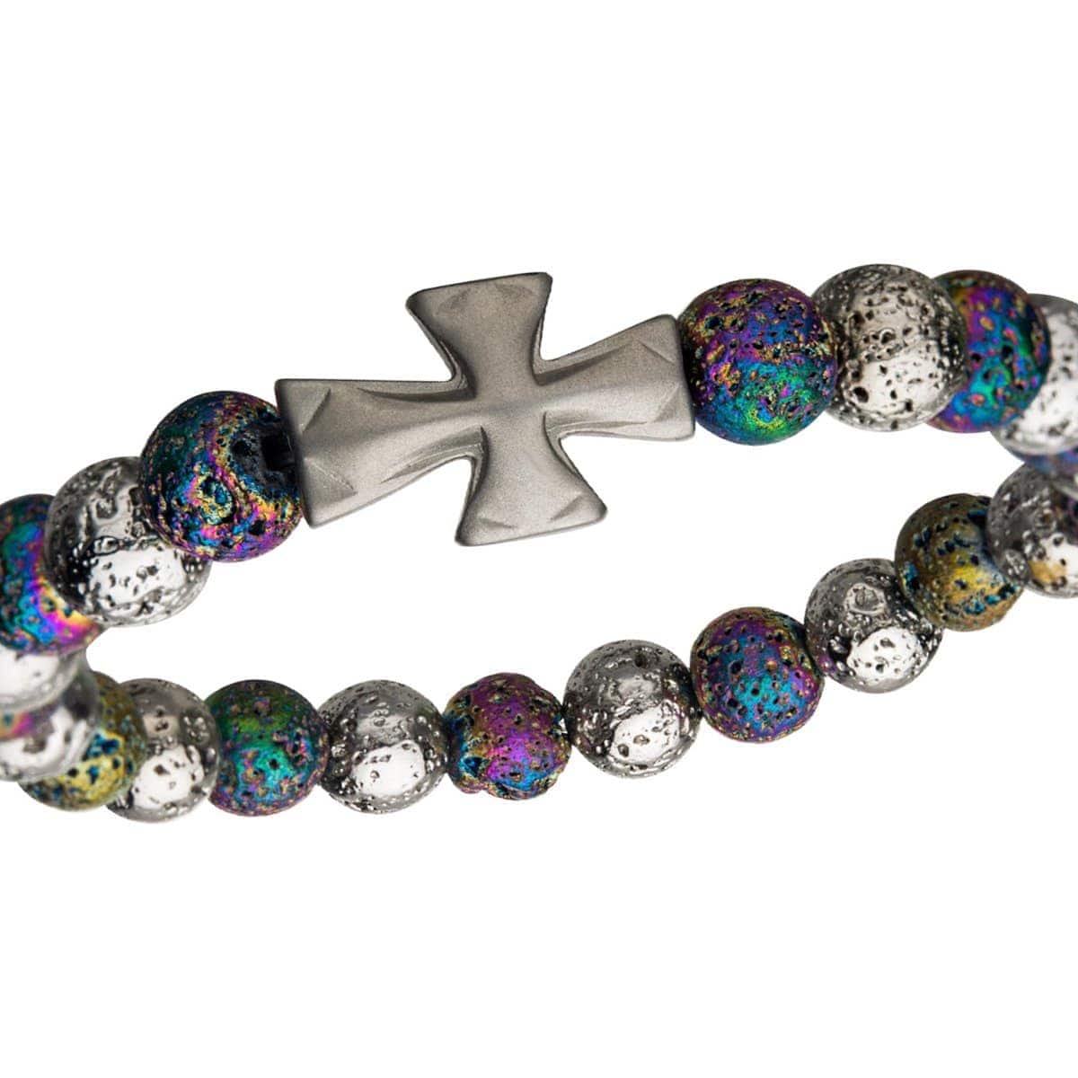 INOX JEWELRY Bracelets Silver Tone Stainless Steel Cross and Multicolored Lava Bead Bracelet BR158CRS