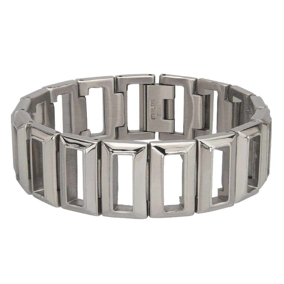 INOX JEWELRY Bracelets Silver Tone Stainless Steel Elongated Rectangle Cut-Out Link Bracelet BR9239