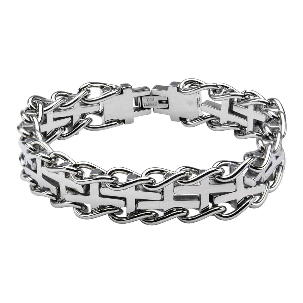 INOX JEWELRY Bracelets Silver Tone Stainless Steel Interlinked Cross Curb Chain Bracelet BR21164