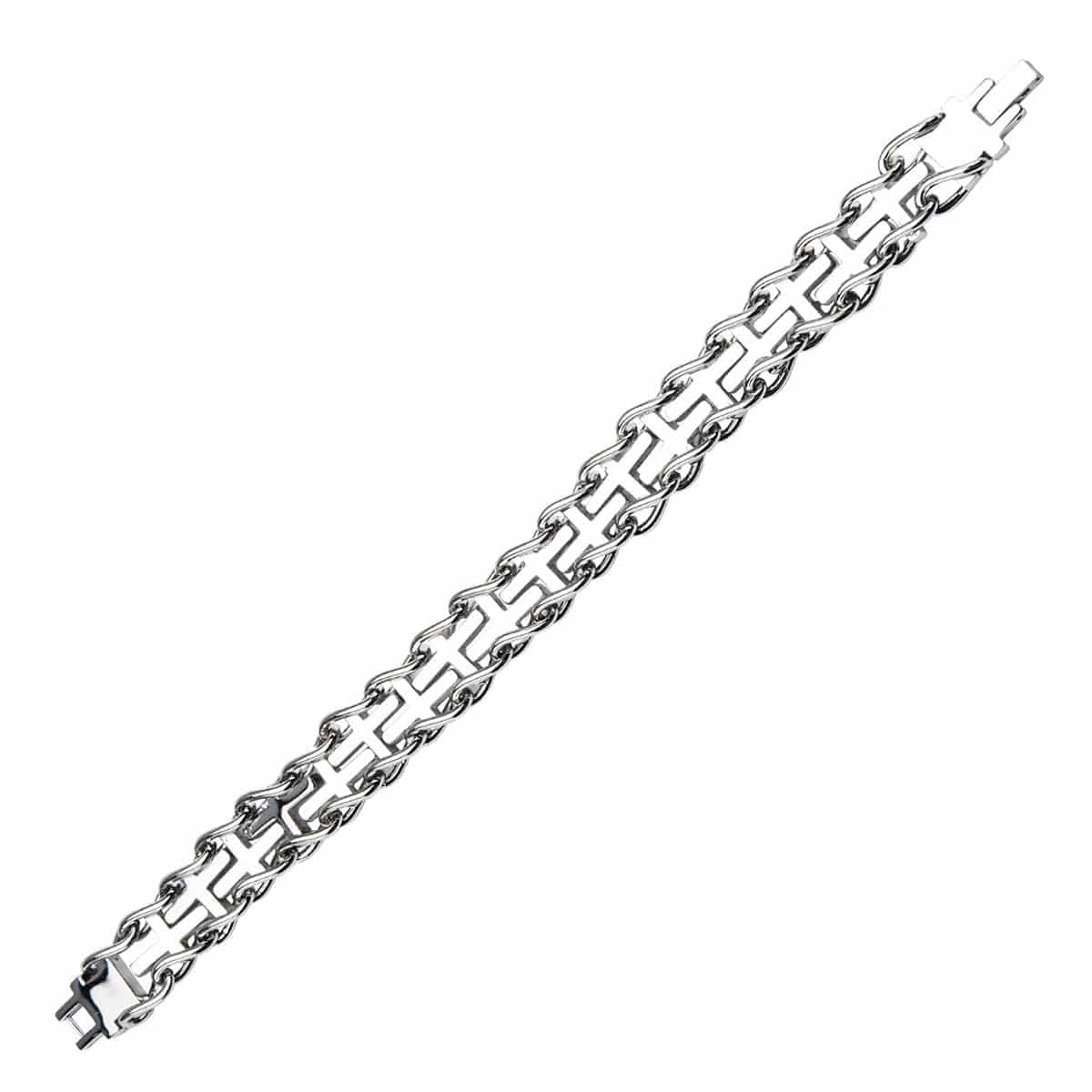 INOX JEWELRY Bracelets Silver Tone Stainless Steel Interlinked Cross Curb Chain Bracelet BR21164