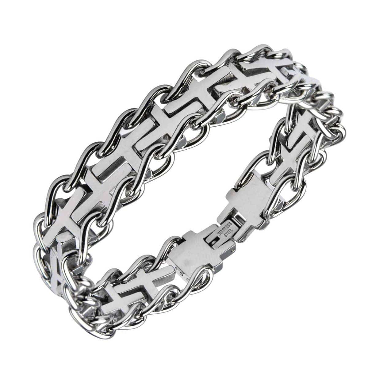INOX JEWELRY Bracelets Silver Tone Stainless Steel Interlinked Cross Curb Chain Bracelet BR21164