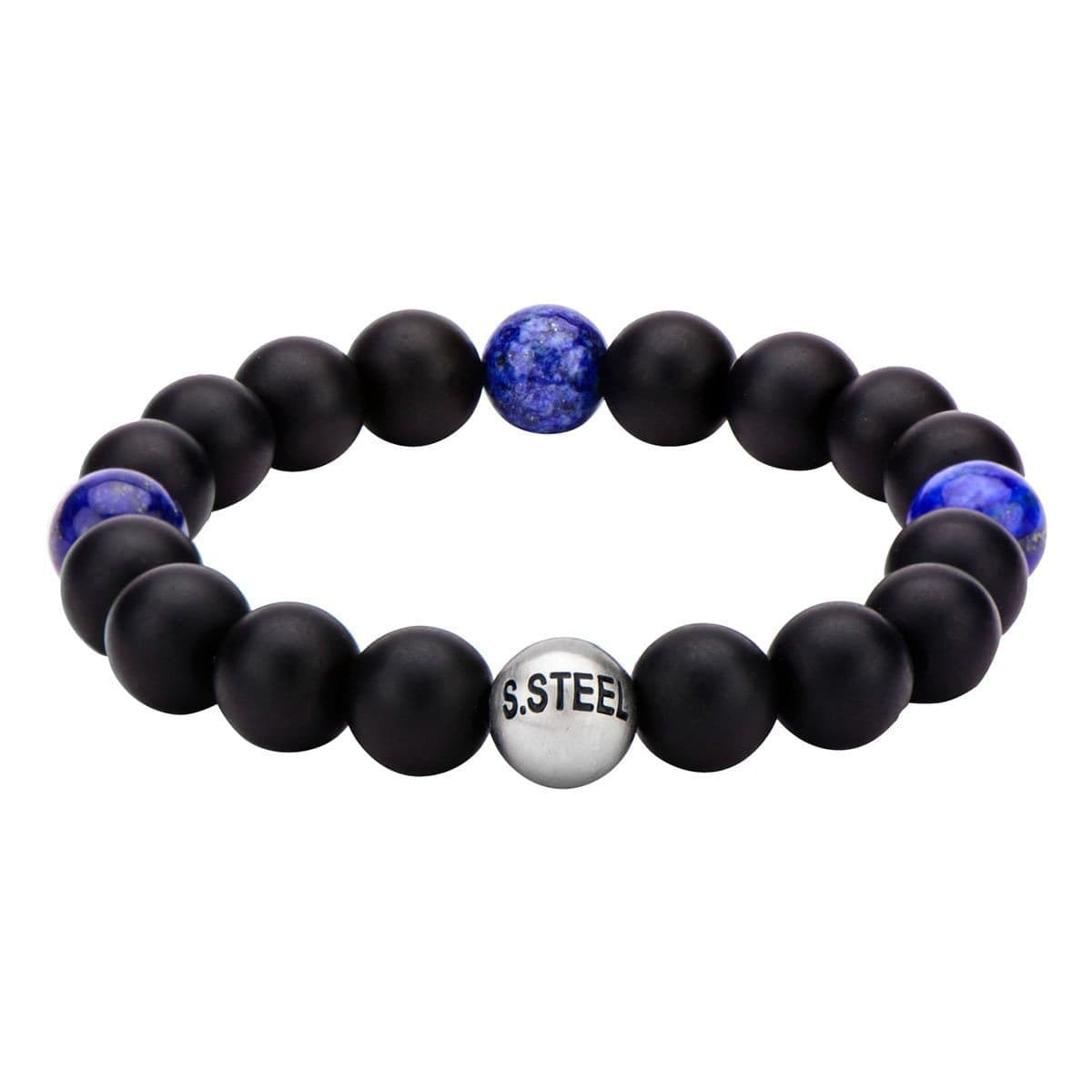INOX JEWELRY Bracelets Silver Tone Stainless Steel Lapis Lazuli and Black Onyx Bead Stretch Bracelet BR5141