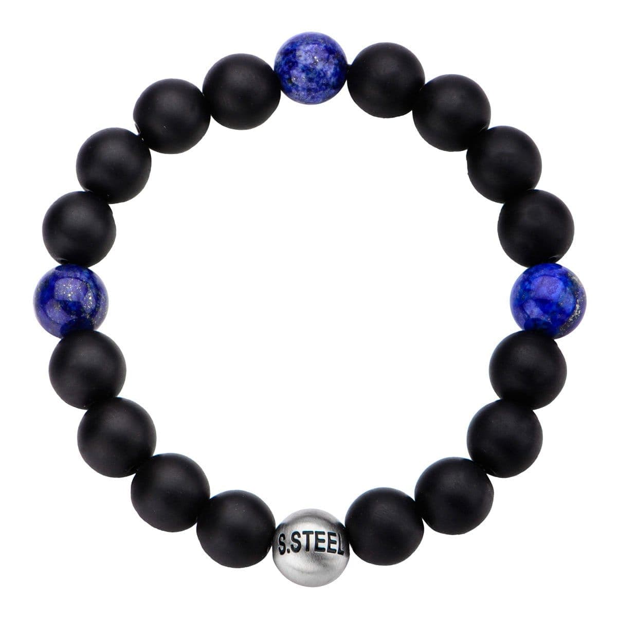 INOX JEWELRY Bracelets Silver Tone Stainless Steel Lapis Lazuli and Black Onyx Bead Stretch Bracelet BR5141