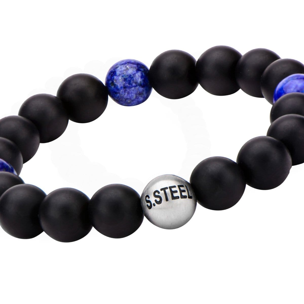 INOX JEWELRY Bracelets Silver Tone Stainless Steel Lapis Lazuli and Black Onyx Bead Stretch Bracelet BR5141