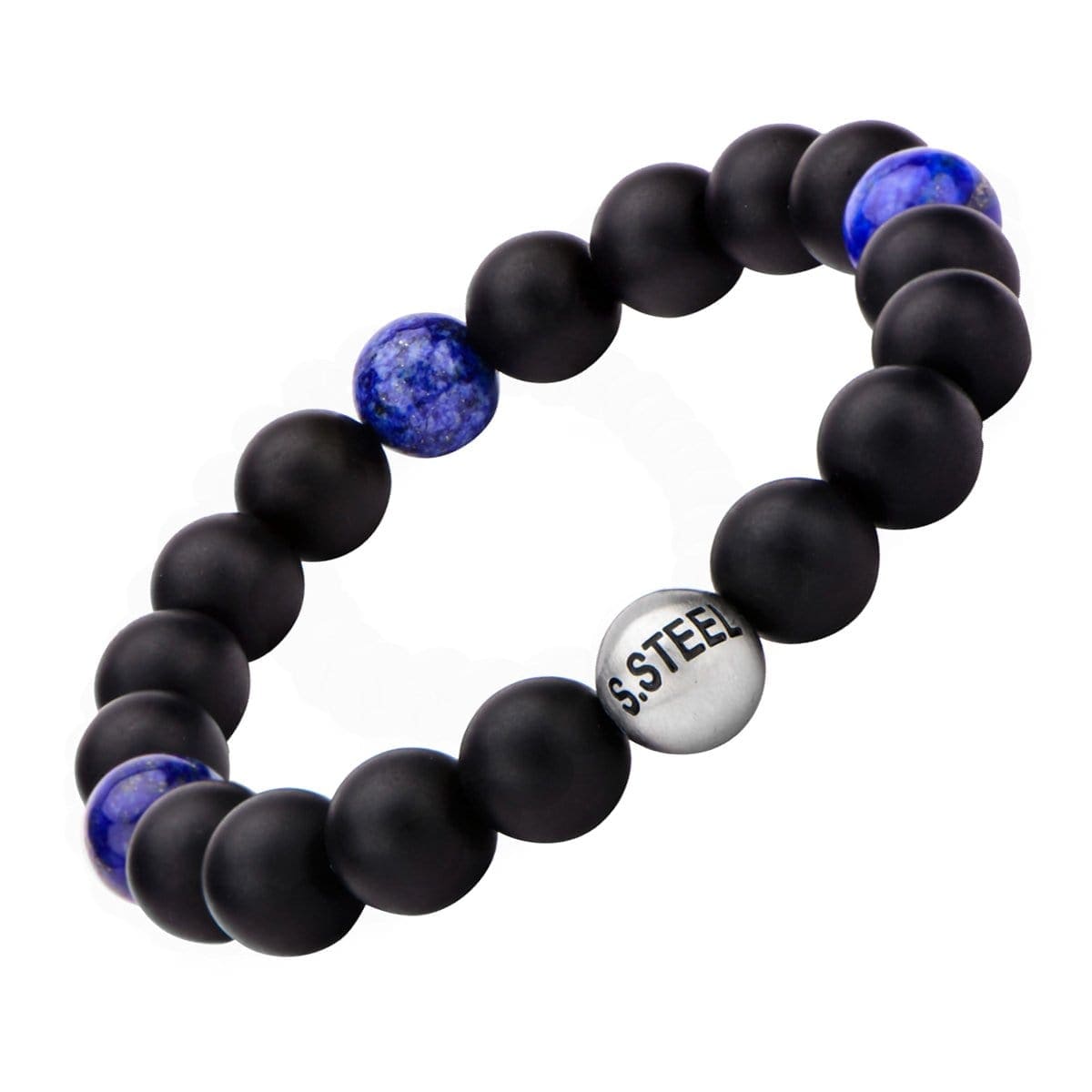 INOX JEWELRY Bracelets Silver Tone Stainless Steel Lapis Lazuli and Black Onyx Bead Stretch Bracelet BR5141