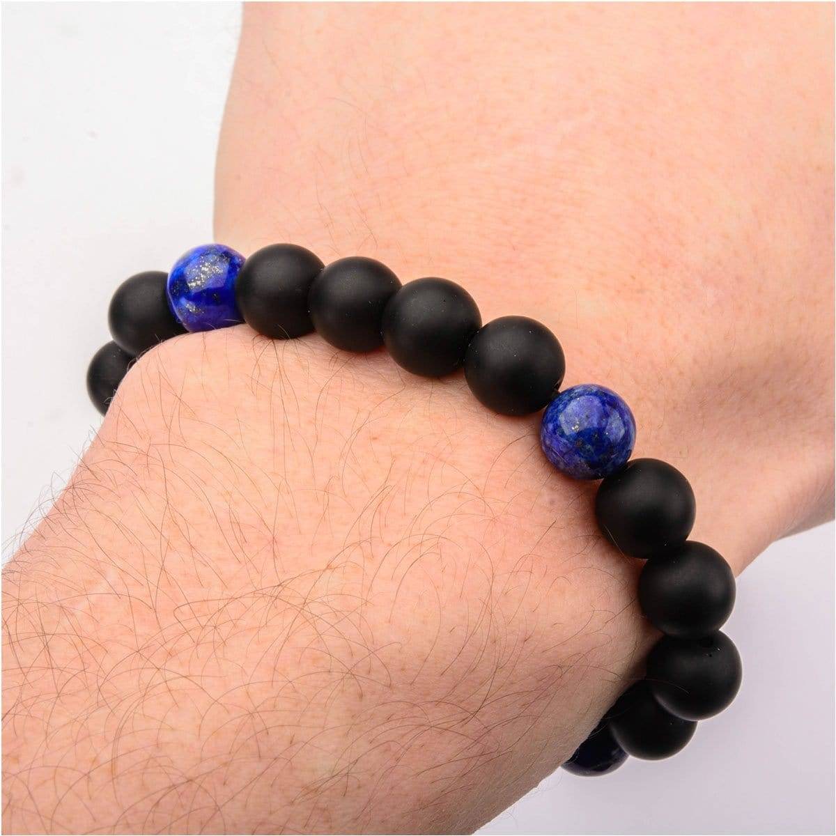 INOX JEWELRY Bracelets Silver Tone Stainless Steel Lapis Lazuli and Black Onyx Bead Stretch Bracelet BR5141
