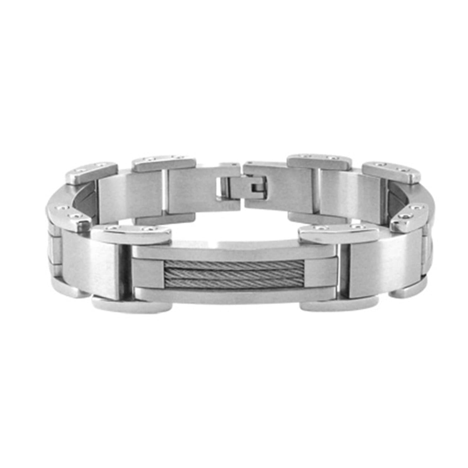INOX JEWELRY Bracelets Silver Tone Stainless Steel Matte and Polished Industrial Cable Bracelet BR4199