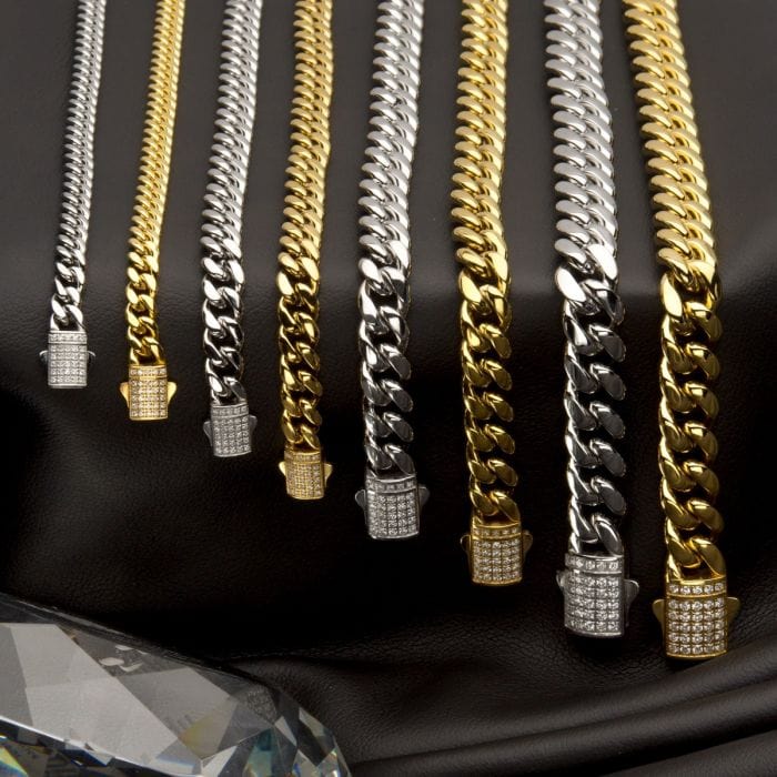 INOX JEWELRY Bracelets Silver Tone Stainless Steel Miami Cuban Chain Bracelet with CZ Double Tab Box Clasp NSTC2106-85
