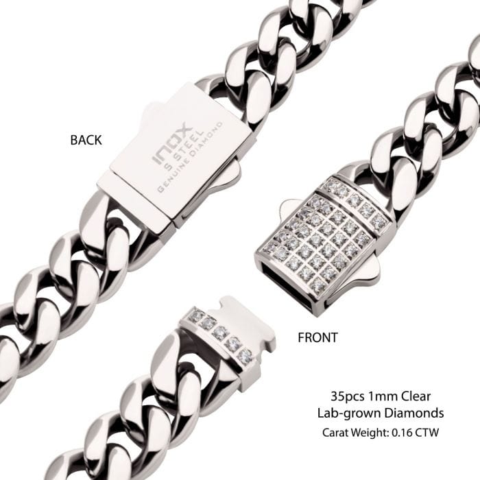 INOX JEWELRY Bracelets Silver Tone Stainless Steel Miami Cuban Chain Bracelet with CZ Double Tab Box Clasp NSTC2106-85