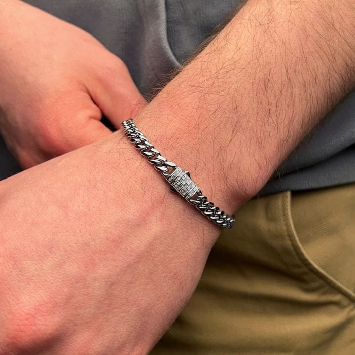 INOX JEWELRY Bracelets Silver Tone Stainless Steel Miami Cuban Chain Bracelet with CZ Double Tab Box Clasp NSTC2106-85