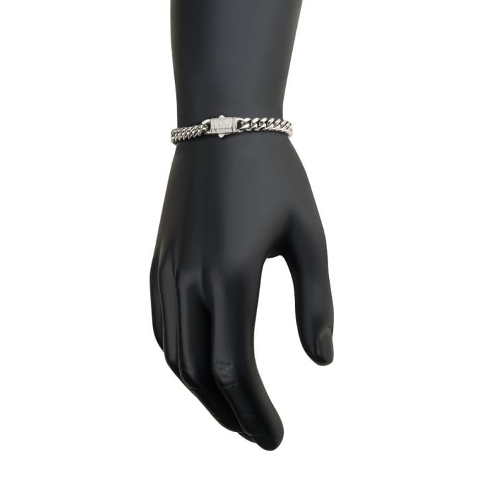 INOX JEWELRY Bracelets Silver Tone Stainless Steel Miami Cuban Chain Bracelet with CZ Double Tab Box Clasp NSTC2106-85