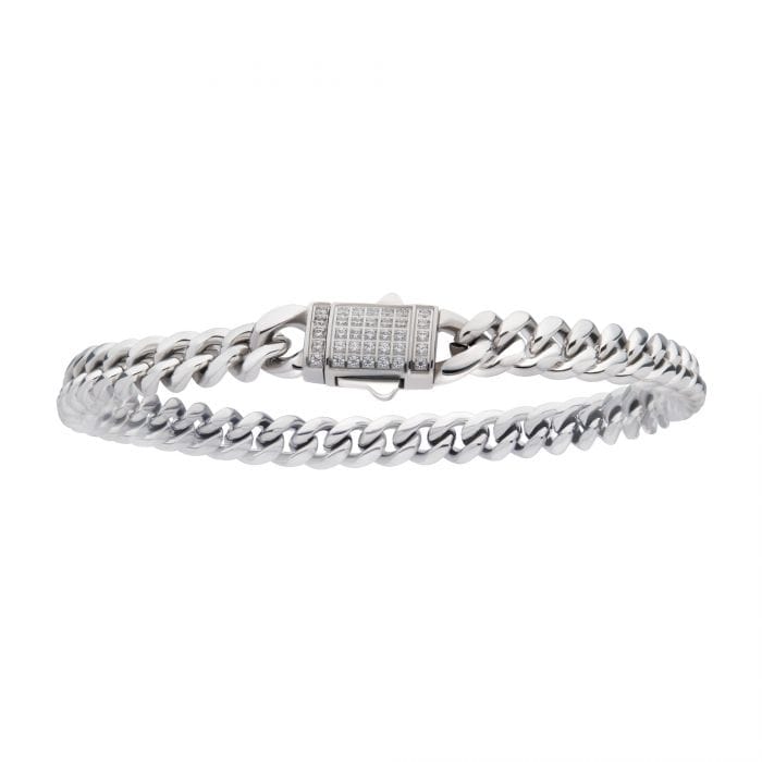 INOX JEWELRY Bracelets Silver Tone Stainless Steel Miami Cuban Chain Bracelet with CZ Double Tab Box Clasp NSTC2106-85