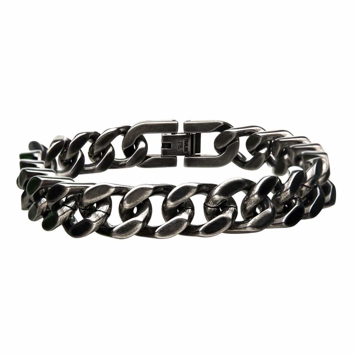 INOX JEWELRY Bracelets Silver Tone Stainless Steel Oxidized Finish 11mm Diamond Cut Link Chain Bracelet BRAT02511-85