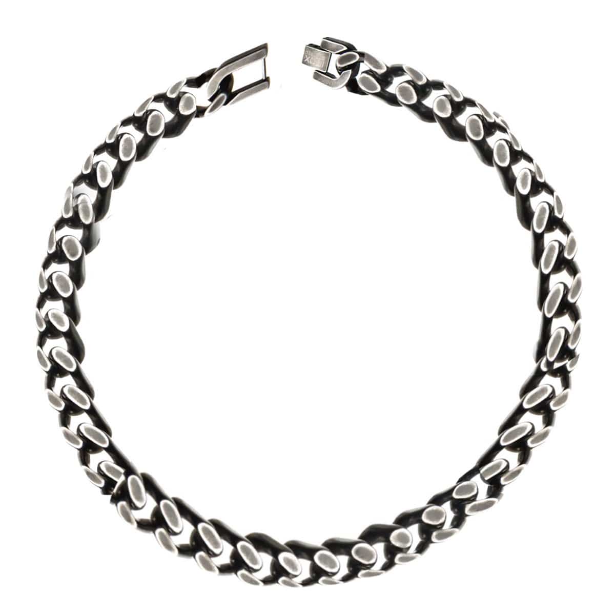 INOX JEWELRY Bracelets Silver Tone Stainless Steel Oxidized Finish 11mm Diamond Cut Link Chain Bracelet BRAT02511-85