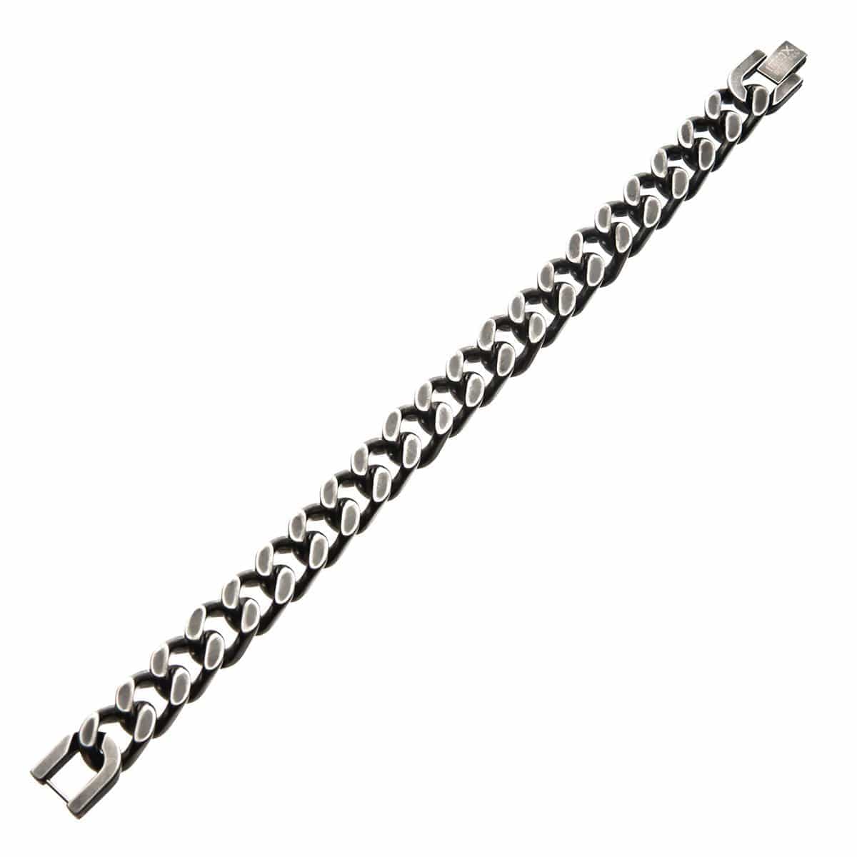 INOX JEWELRY Bracelets Silver Tone Stainless Steel Oxidized Finish 11mm Diamond Cut Link Chain Bracelet BRAT02511-85