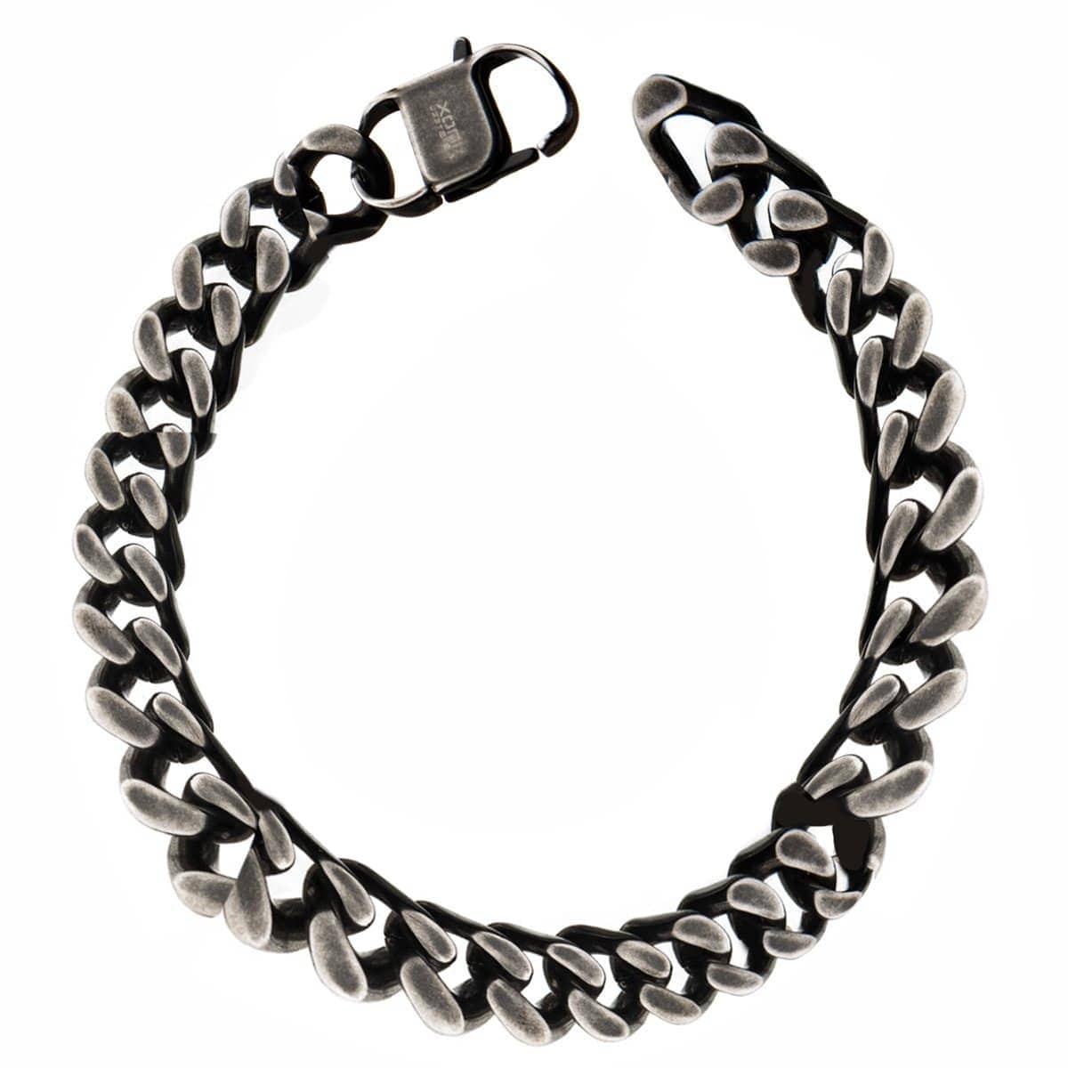 INOX JEWELRY Bracelets Silver Tone Stainless Steel Oxidized Finish 13mm Diamond Cut Link Chain Bracelet BRAT04213-85
