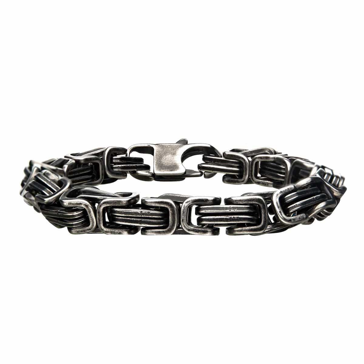 INOX JEWELRY Bracelets Silver Tone Stainless Steel Oxidized Finish 8mm Byzantine Chain Biker Bracelet BRAT0478-85