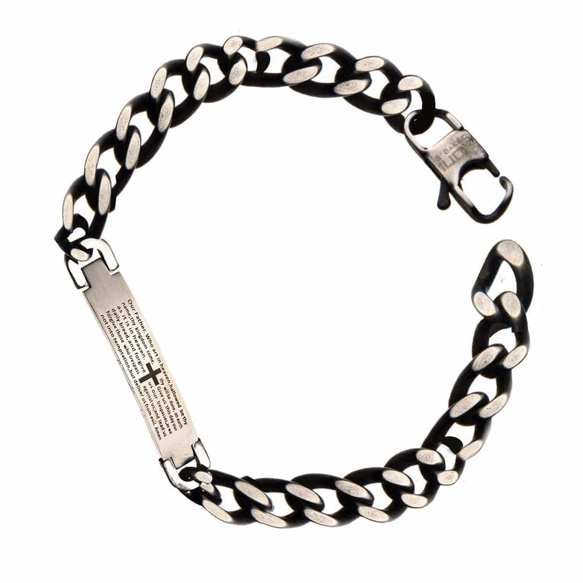 INOX JEWELRY Bracelets Silver Tone Stainless Steel Oxidized Finish Religious Prayer ID Tag Biker Bracelet BR8511GRY