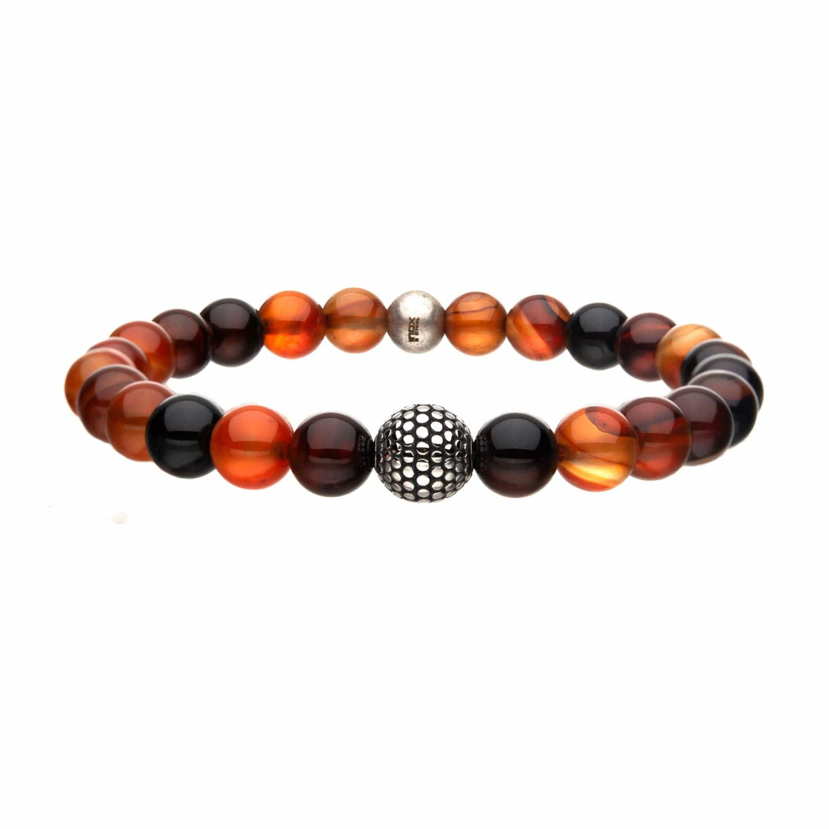 INOX JEWELRY Bracelets Silver Tone Stainless Steel Red Agate and Brown Ornamental Bead Stretch Bracelet BR8605
