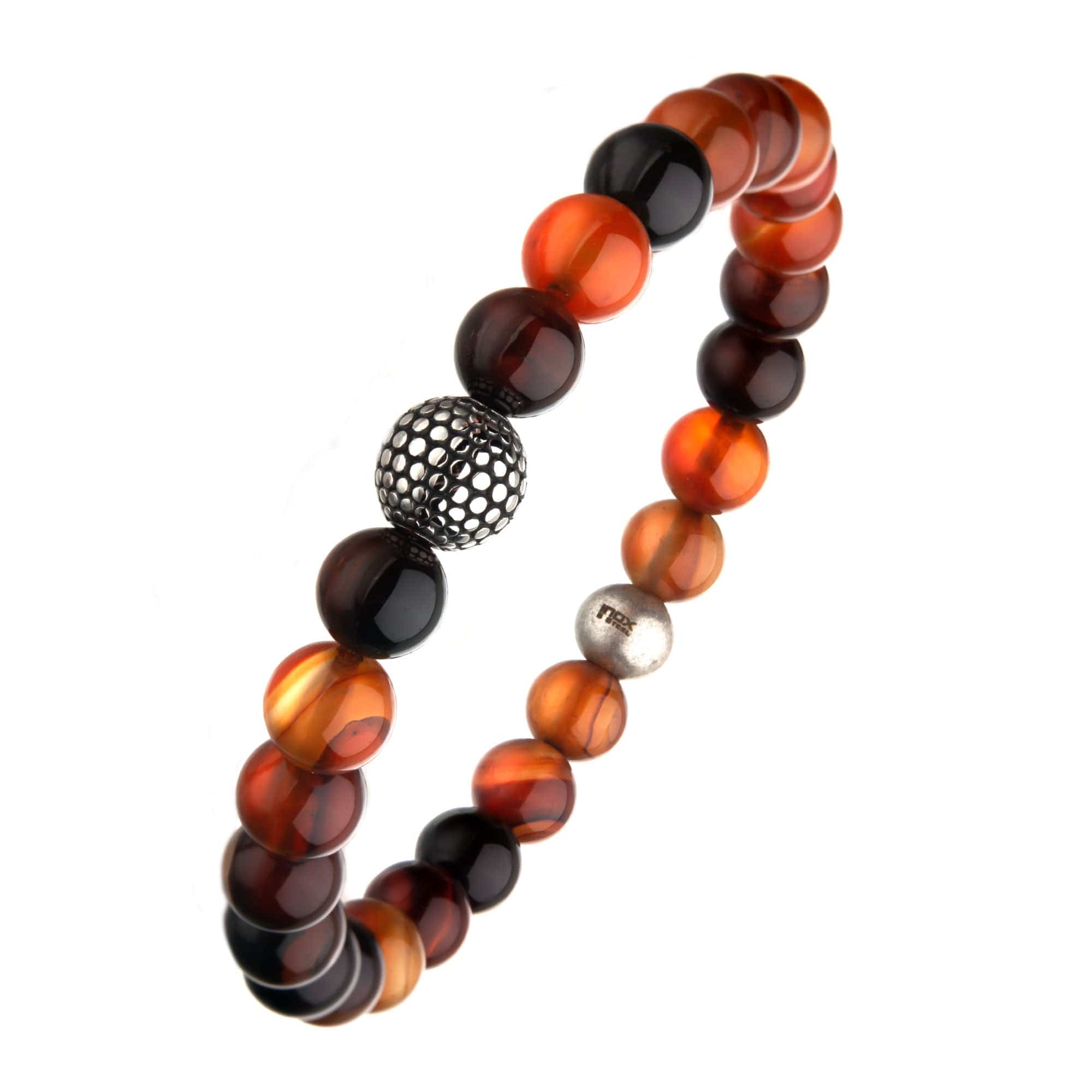 INOX JEWELRY Bracelets Silver Tone Stainless Steel Red Agate and Brown Ornamental Bead Stretch Bracelet BR8605