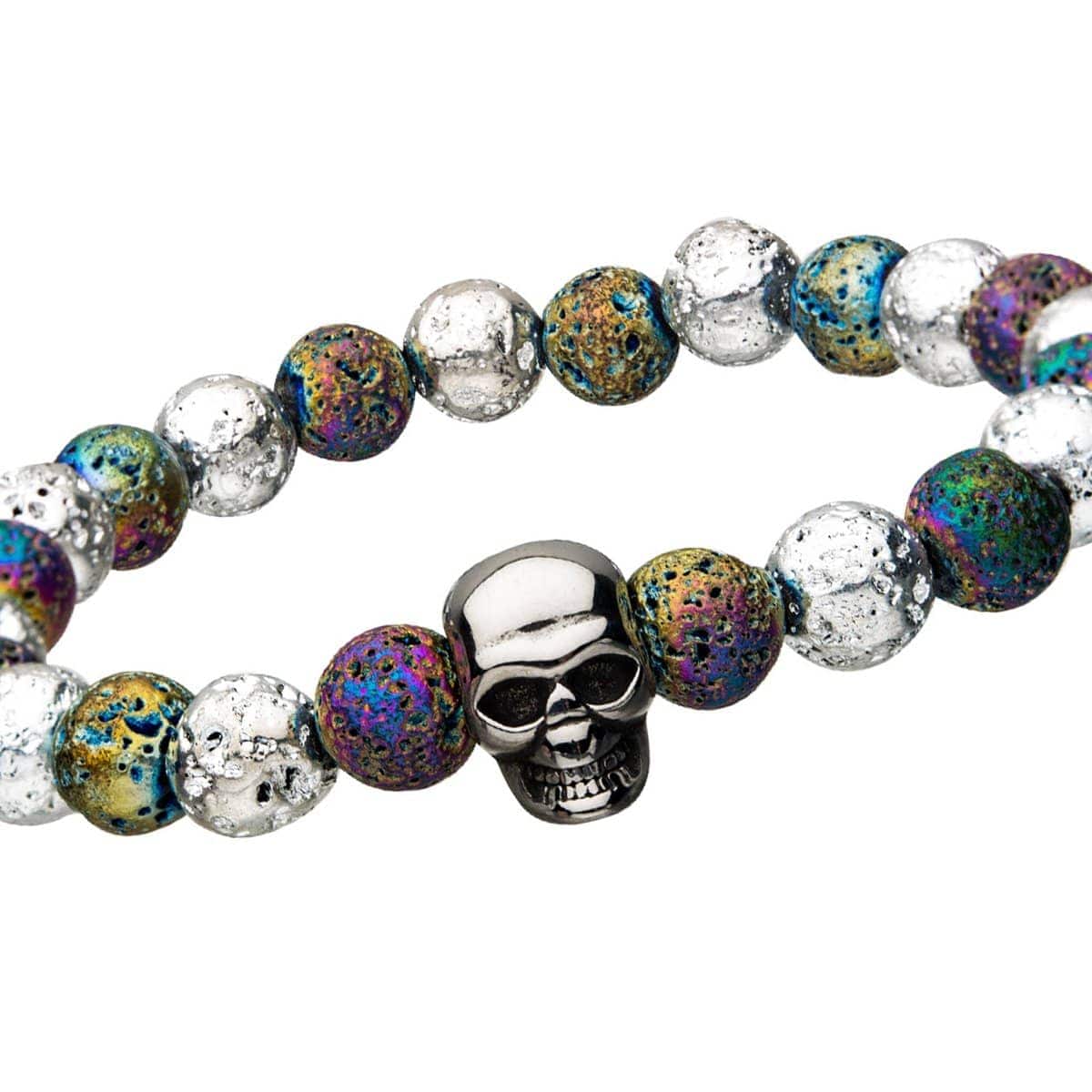 INOX JEWELRY Bracelets Silver Tone Stainless Steel Skull and Multicolored Lava Bead Bracelet BR158SKL