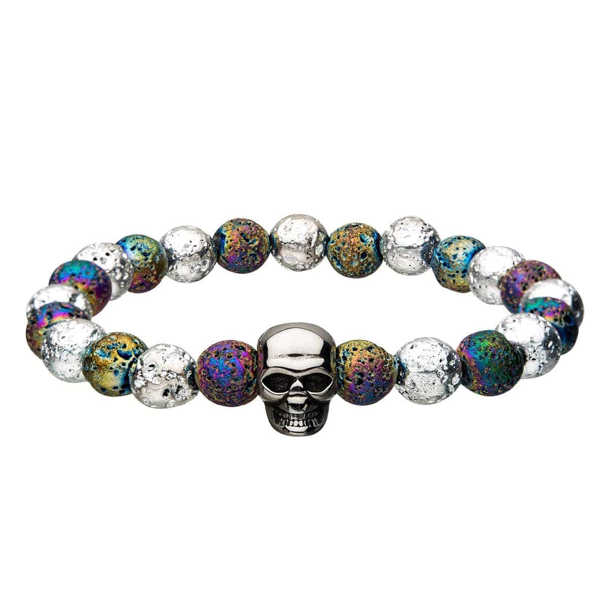 INOX JEWELRY Bracelets Silver Tone Stainless Steel Skull and Multicolored Lava Bead Bracelet BR158SKL