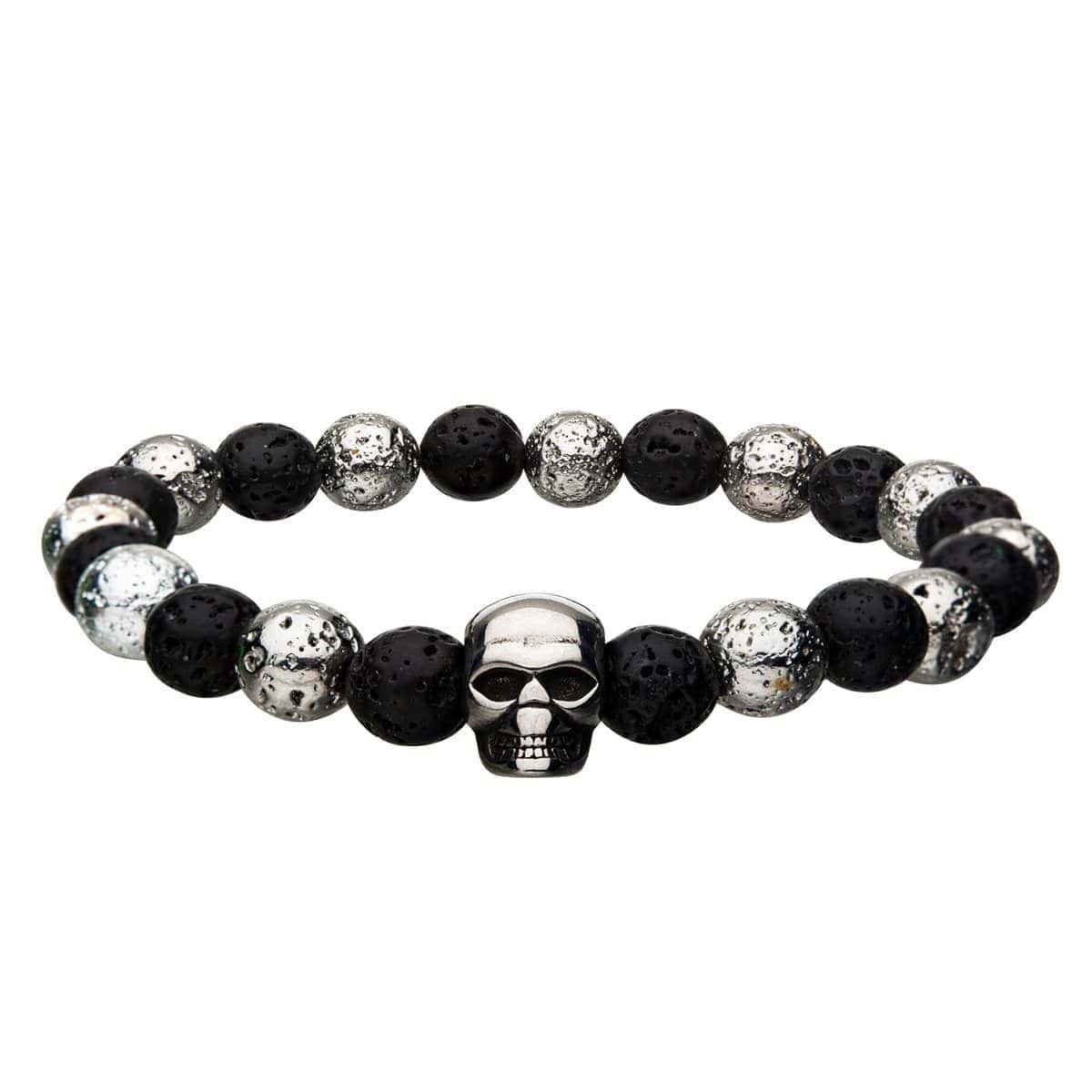 INOX JEWELRY Bracelets Silver Tone Stainless Steel Skull with Black Molten Lava Bead Bracelet BR168SKL