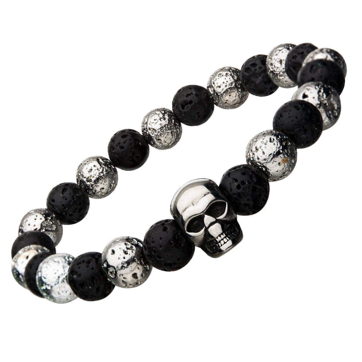 INOX JEWELRY Bracelets Silver Tone Stainless Steel Skull with Black Molten Lava Bead Bracelet BR168SKL