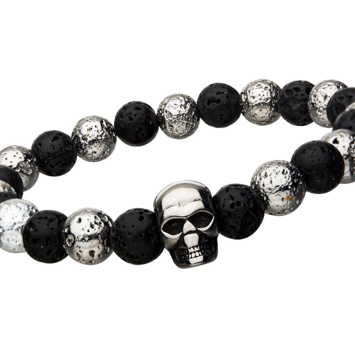 INOX JEWELRY Bracelets Silver Tone Stainless Steel Skull with Black Molten Lava Bead Bracelet BR168SKL