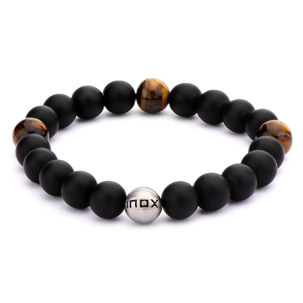 INOX JEWELRY Bracelets Silver Tone Stainless Steel Tiger's Eye and Black Onyx Stretch Bracelet BR5138