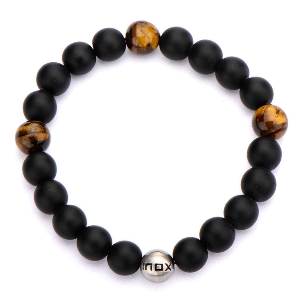 INOX JEWELRY Bracelets Silver Tone Stainless Steel Tiger's Eye and Black Onyx Stretch Bracelet BR5138