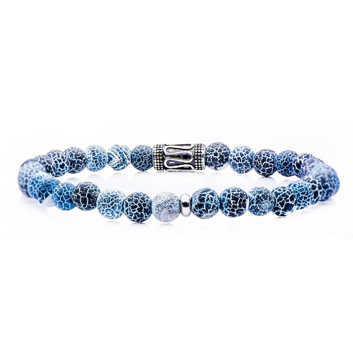 INOX JEWELRY Bracelets Silver Tone Stainless Steel with Blue Cracked Agate 6mm Bead Stackable Bracelet BRSS8415K