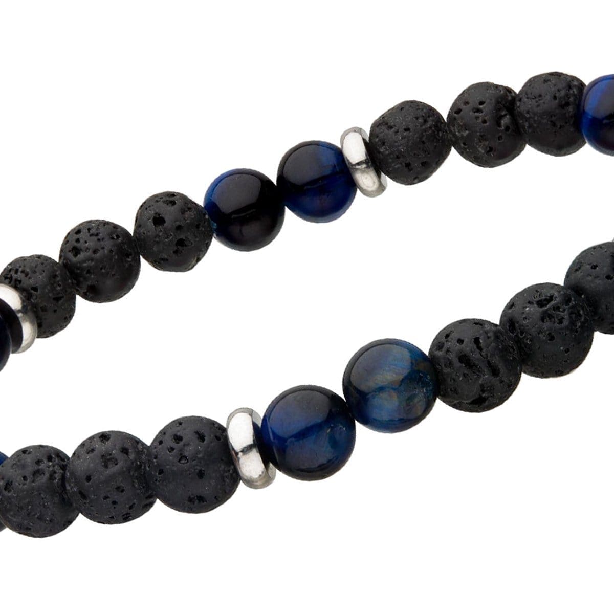 INOX JEWELRY Bracelets Silver Tone Stainless Steel with Blue Tiger's Eye and Black Molten Lava Bead Bracelet BR146TEB