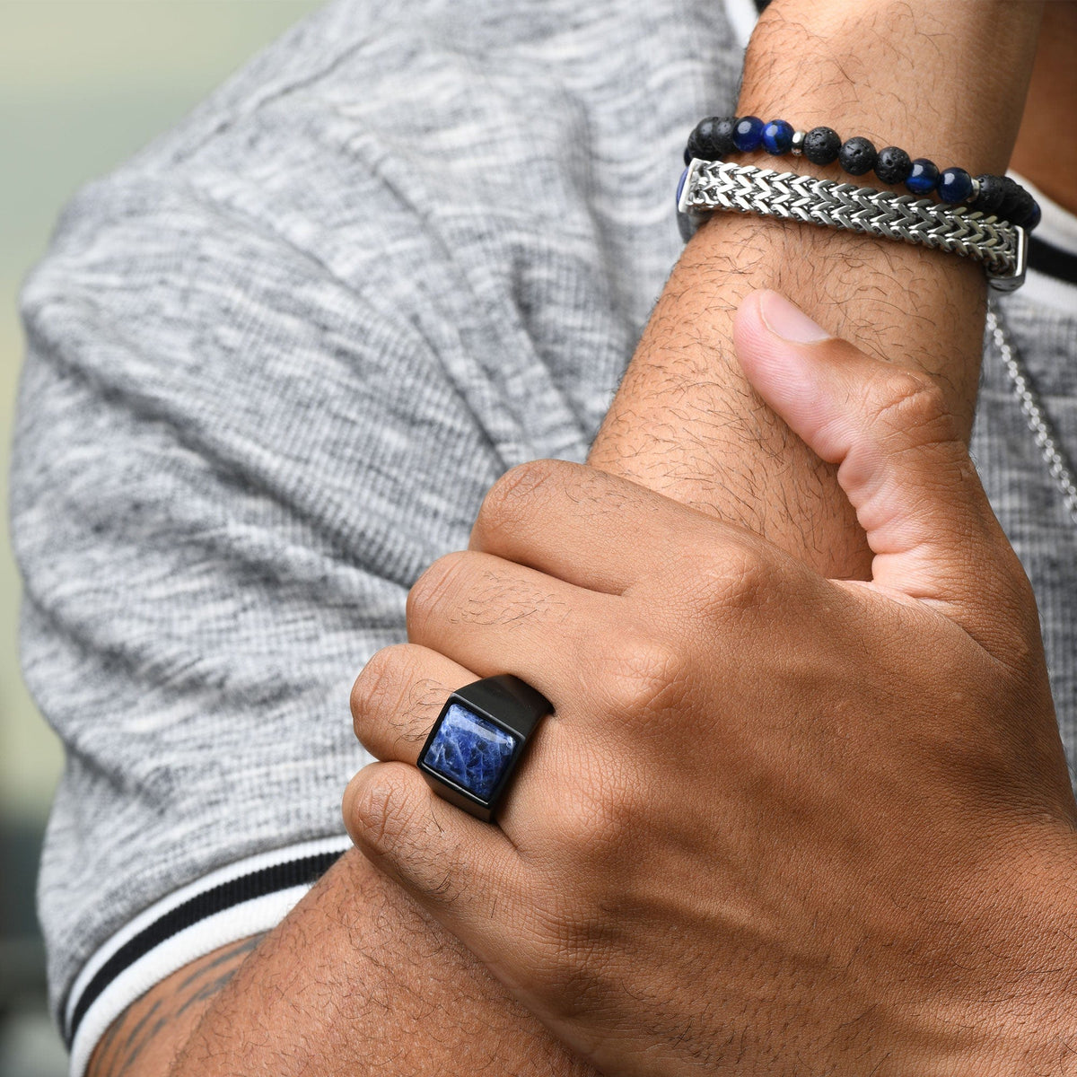 INOX JEWELRY Bracelets Silver Tone Stainless Steel with Blue Tiger's Eye and Black Molten Lava Bead Bracelet BR146TEB