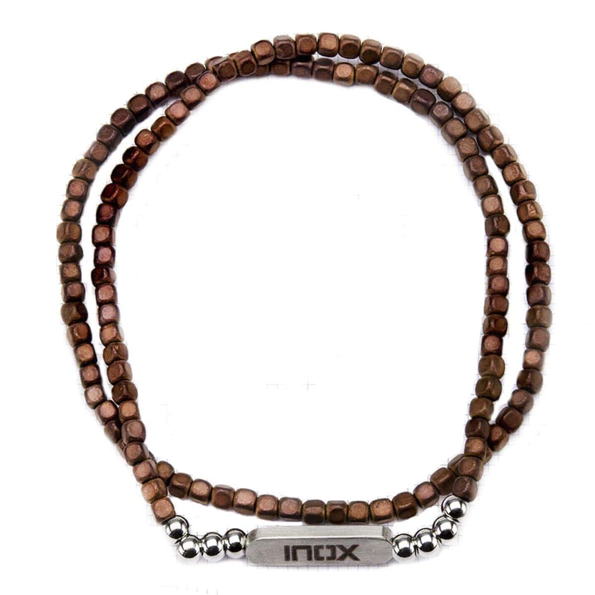 INOX JEWELRY Bracelets Silver Tone Stainless Steel with Brown Hematite 6mm Cube Bead Stackable Bracelet BR617