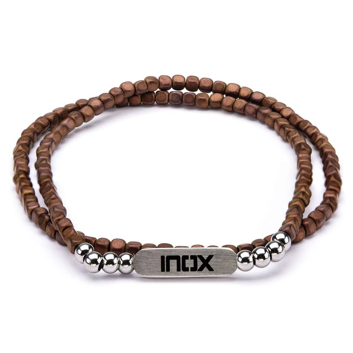 INOX JEWELRY Bracelets Silver Tone Stainless Steel with Brown Hematite 6mm Cube Bead Stackable Bracelet BR617