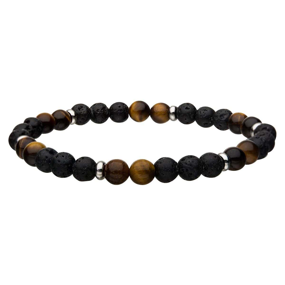 INOX JEWELRY Bracelets Silver Tone Stainless Steel with Brown Tiger&#39;s Eye and Black Molten Lava Bead Bracelet BR146TEY