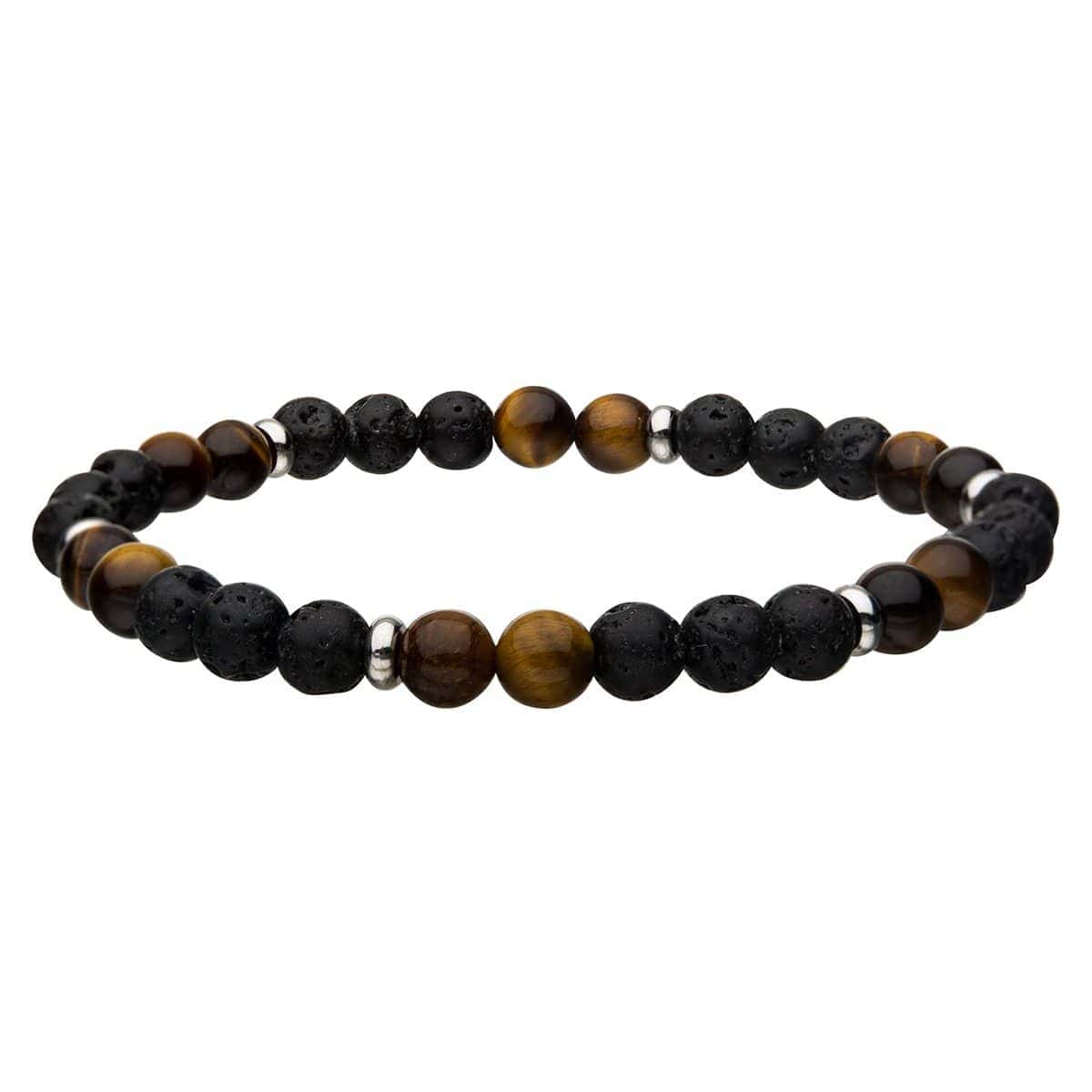 INOX JEWELRY Bracelets Silver Tone Stainless Steel with Brown Tiger's Eye and Black Molten Lava Bead Bracelet BR146TEY