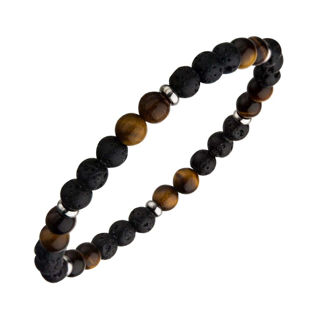 INOX JEWELRY Bracelets Silver Tone Stainless Steel with Brown Tiger's Eye and Black Molten Lava Bead Bracelet BR146TEY
