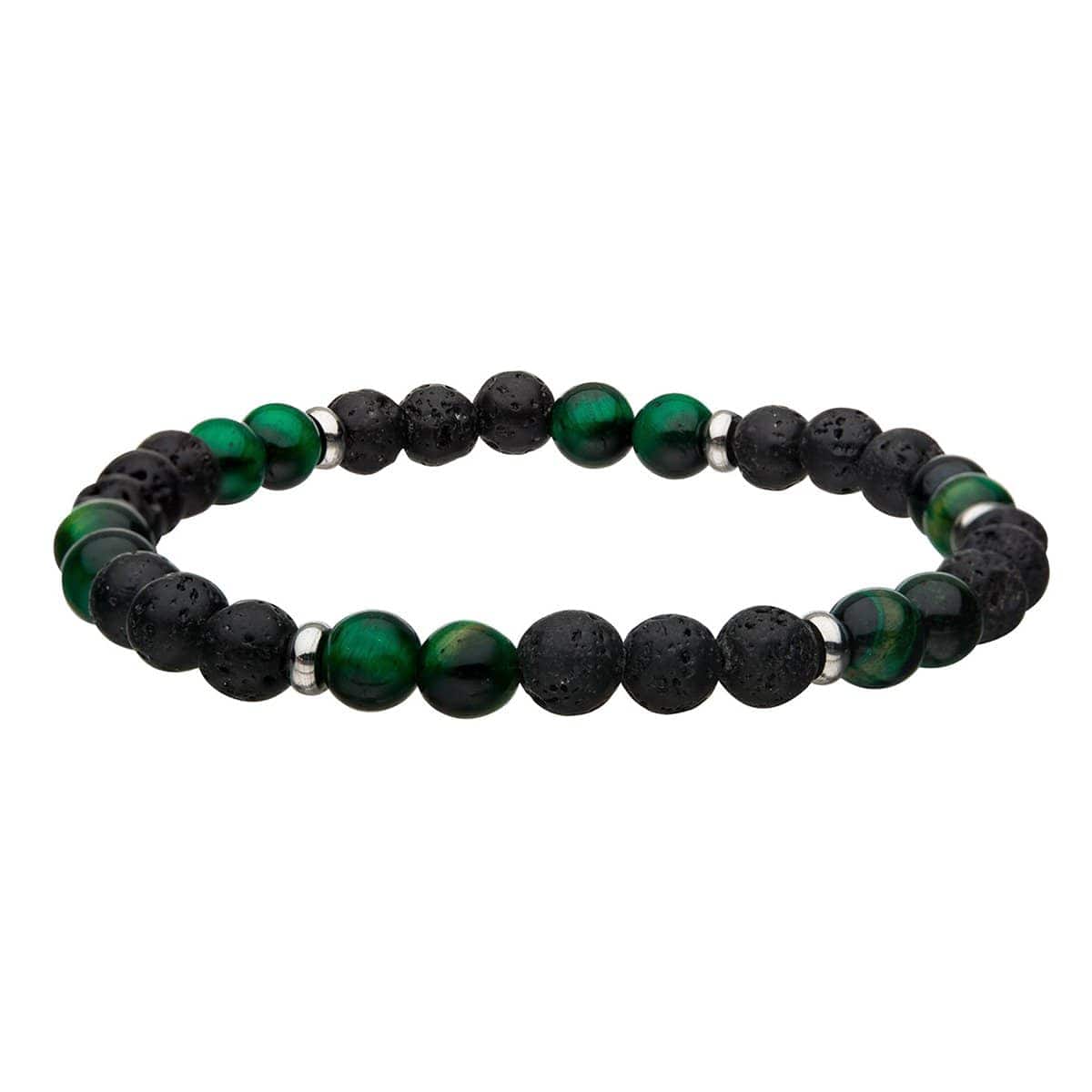 INOX JEWELRY Bracelets Silver Tone Stainless Steel with Green Tiger&#39;s Eye and Black Molten Lava Bead 6mm Bracelet BR146TEG