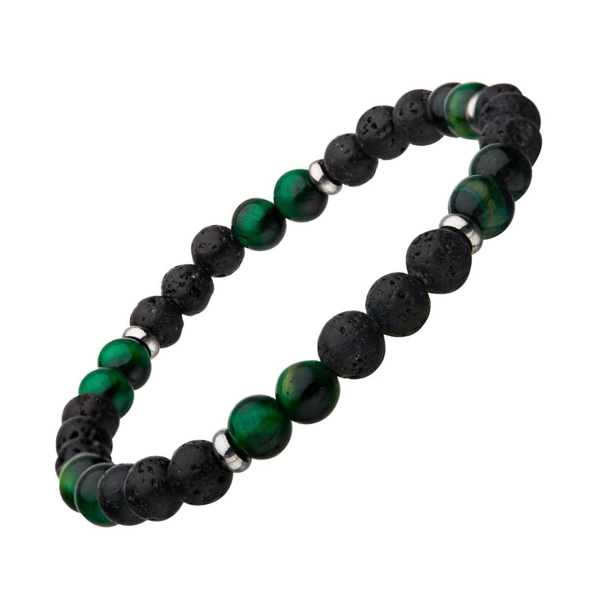 INOX JEWELRY Bracelets Silver Tone Stainless Steel with Green Tiger's Eye and Black Molten Lava Bead 6mm Bracelet BR146TEG