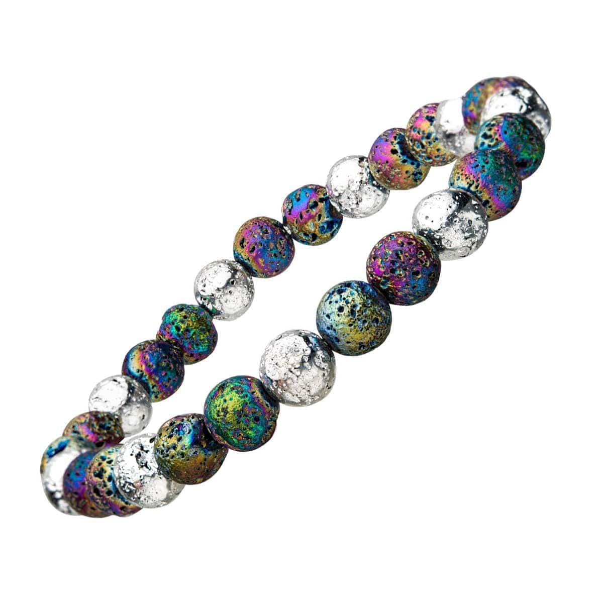 INOX JEWELRY Bracelets Silver Tone Stainless Steel with Iridescent Rainbow Lava Bead racelet BR158