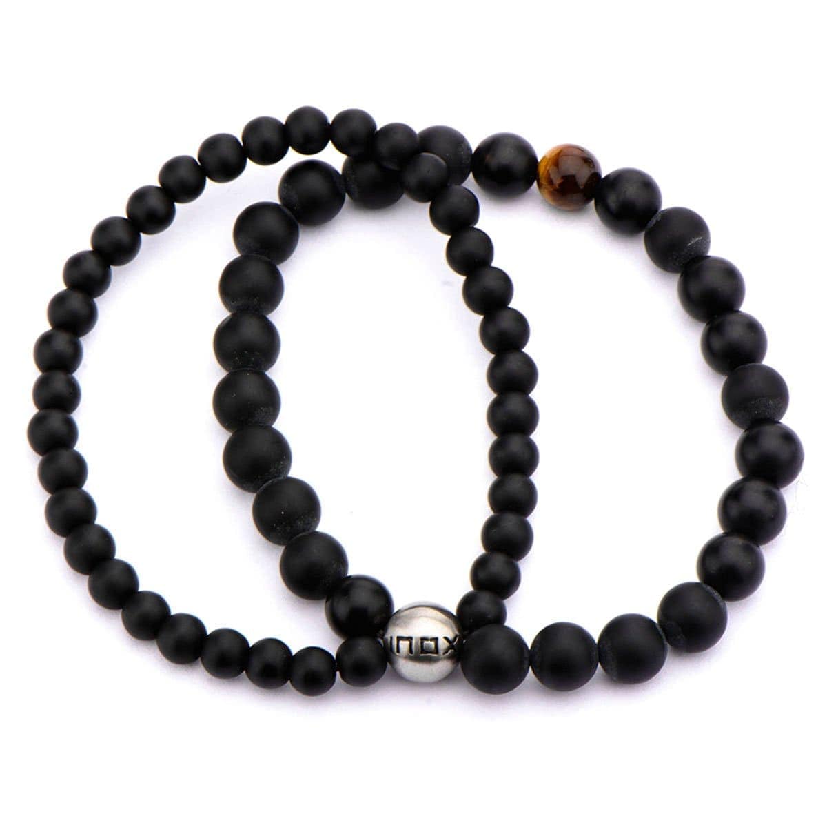 INOX JEWELRY Bracelets Silver Tone Stainless Steel with Tiger's Eye and Black Onyx Double Strand Stretch Bracelet BR5139