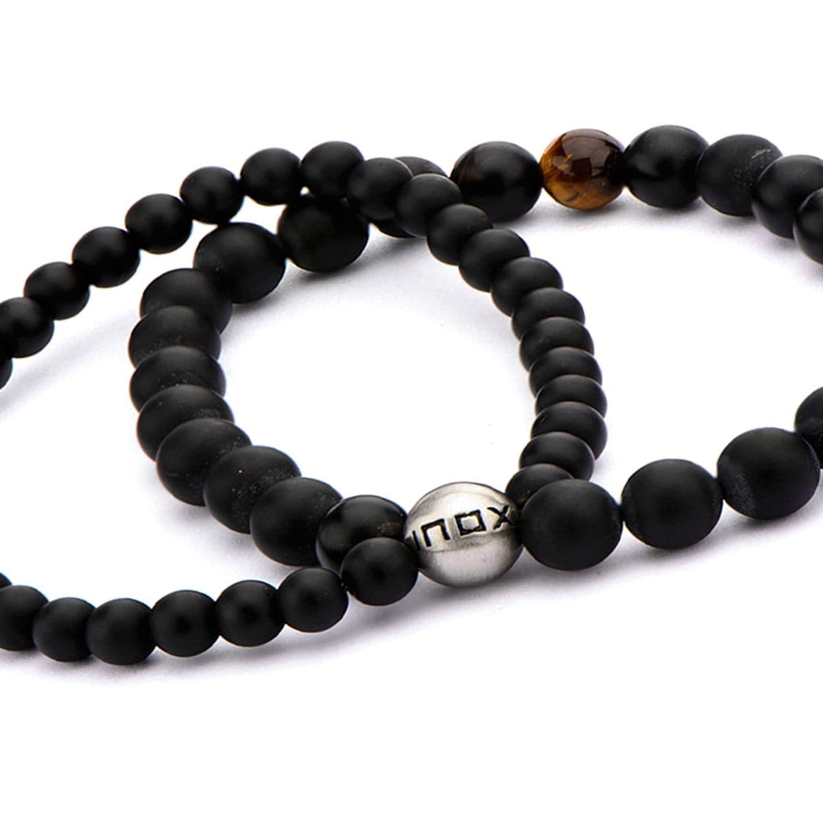INOX JEWELRY Bracelets Silver Tone Stainless Steel with Tiger's Eye and Black Onyx Double Strand Stretch Bracelet BR5139