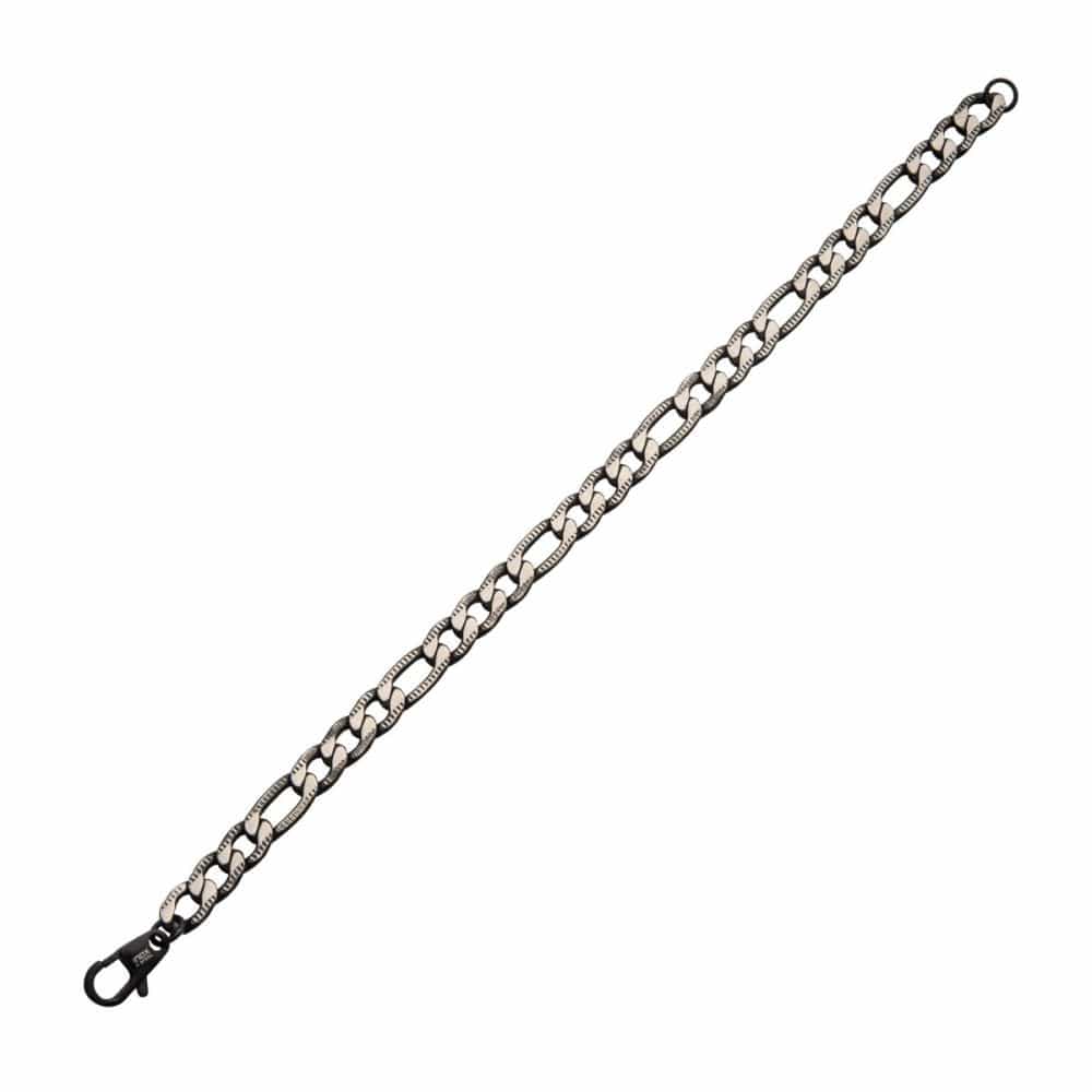INOX JEWELRY Bracelets Stainless Steel Black IP Diamond Cut Figaro 6.5mm Chain Bracelets BR27873K